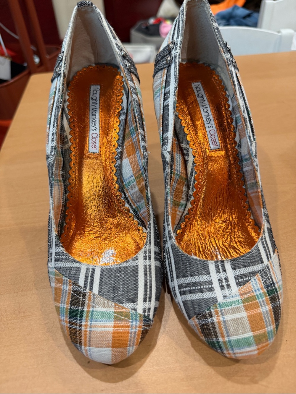 naughty monkey Plaid Pumps in Orange, Green & Gray